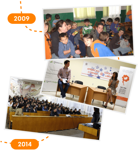 Collage with children in a classroom from 2009, a panel talk at American Corner Sofia, and a 2014 lecture hall audience.